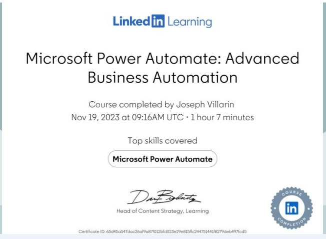 Microsoft Power Automate Advanced Business Automation certificate